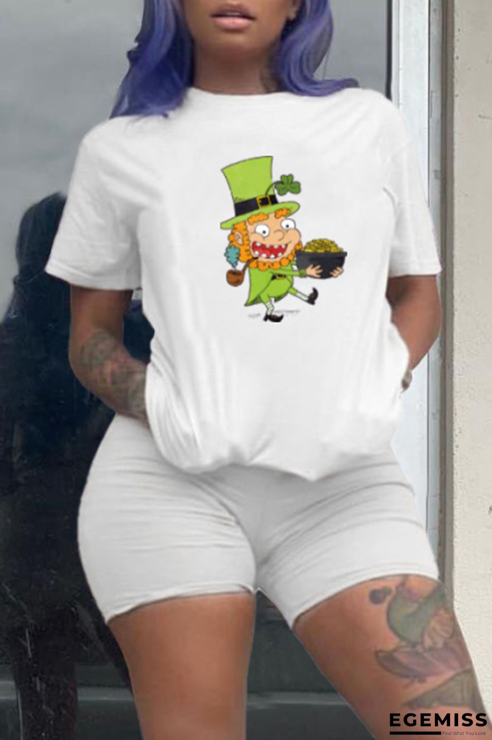 White Fashion Casual Print Basic O Neck Short Sleeve Two Pieces | EGEMISS