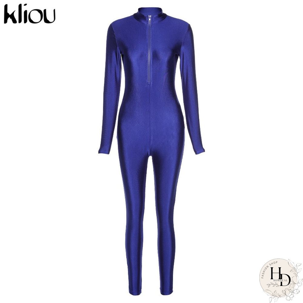 Kliou Zipper Solid Bodycon Womens Jumpsuit New Fashion Streetwear Skinny Long Sleeve One Piece Active Jumpsuits