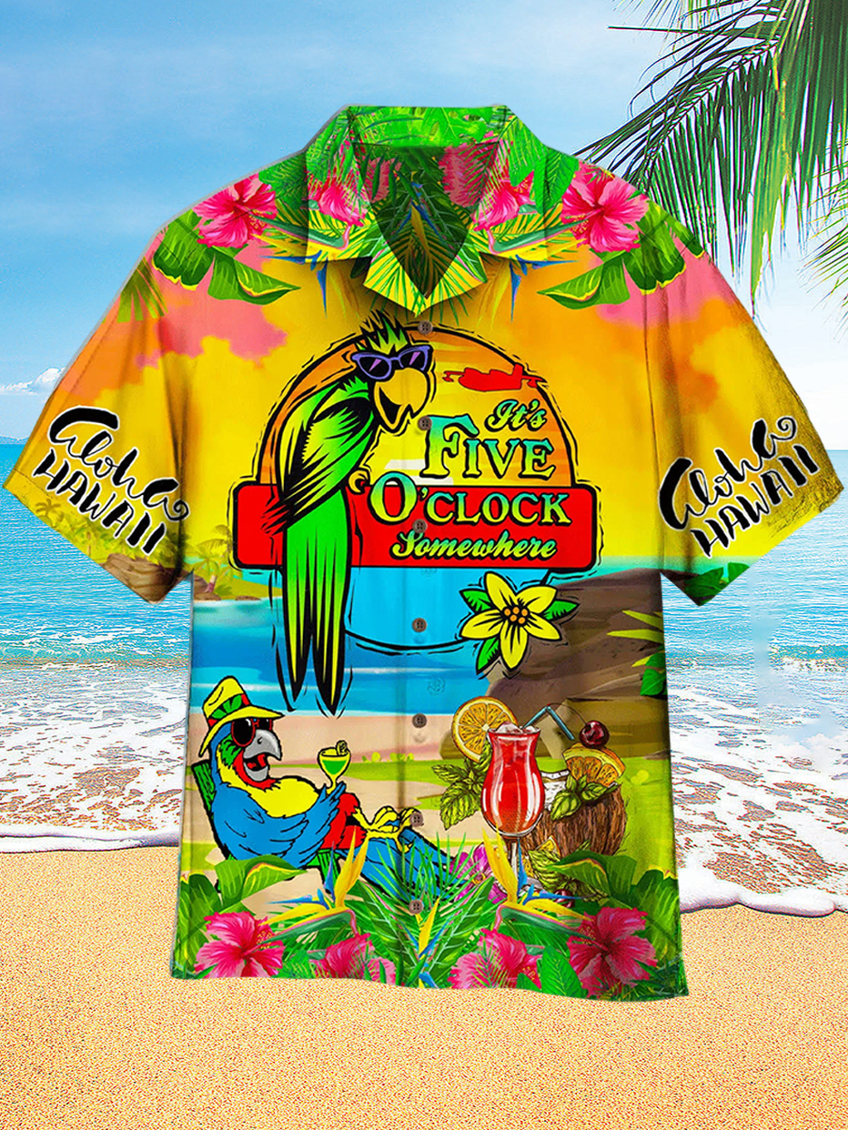 Men's Hawaiian Cartoon Parrot Party Print Short Sleeve Shirt PLUSCLOTHESMAN