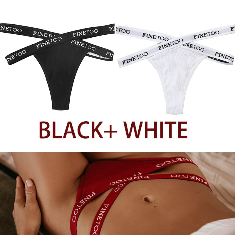FINETOO 2PCS/Set Women's Cotton G-string Sexy Cross Strap Panties Letter Waisted Underwear Thongs Femme Hollow Out Lady Briefs