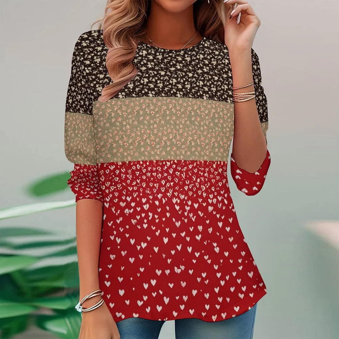 Vintage Printed Long Sleeve Plus Size Tunic for  Women and Men Unisex Pattern Floral,Heart,Red,Light Coffe,Navy,Stitch