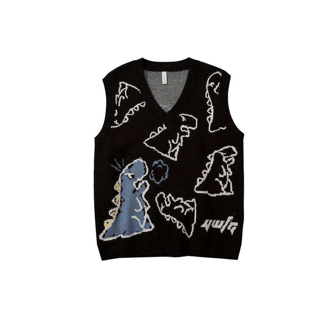 Y2K Temperament Knitted Sweater Vest 2021 Winter Sweet Girl Jumper Cartoon Dinosaur V-neck Sleeveless Knitwear Casual Loose Top