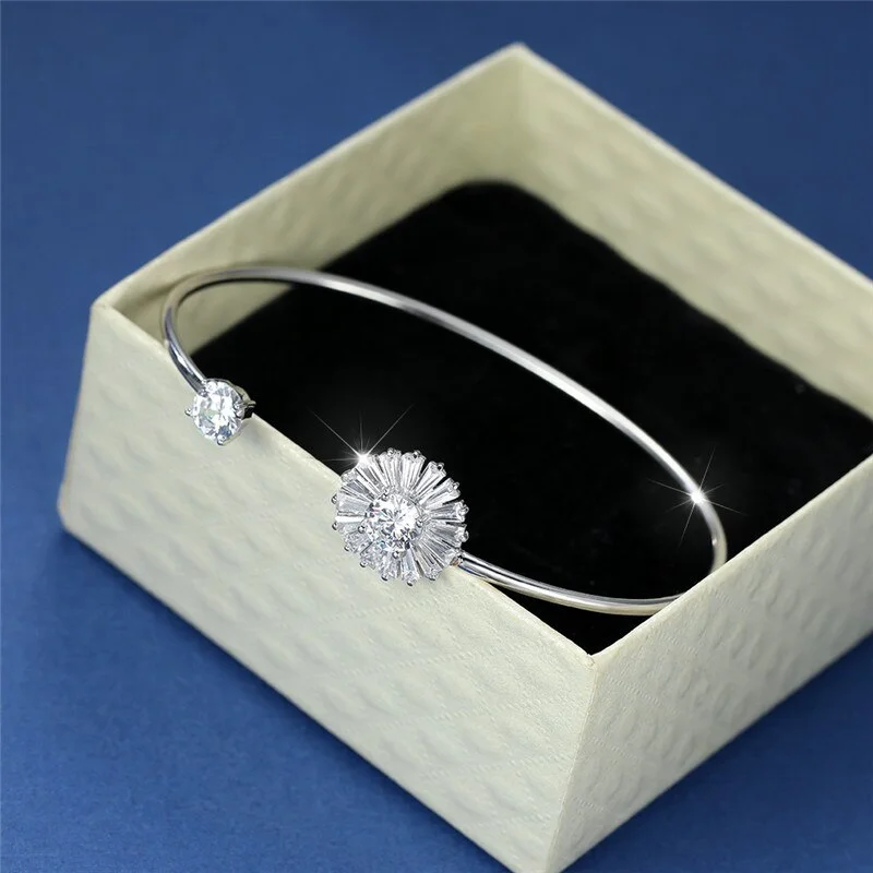 Trendy Female White Zircon Bracelet Classic Silver Color Adjustable Bracelets For Women Charm Crystal Flower Chain Bracelet