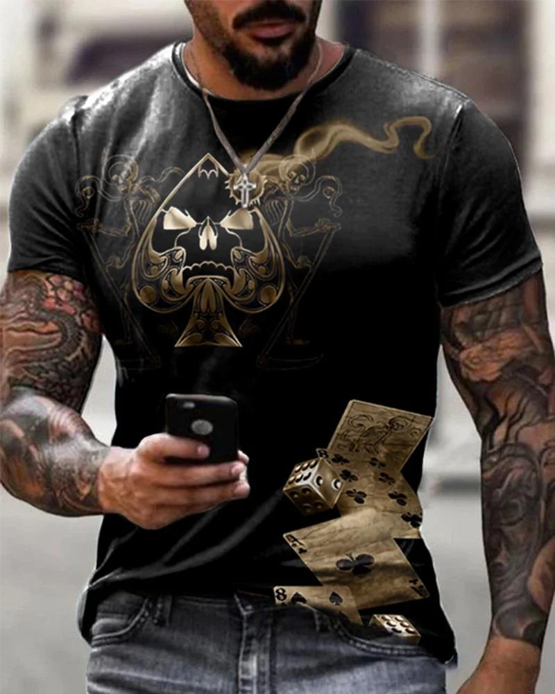 Casual Skull Heart Poker T-shirt