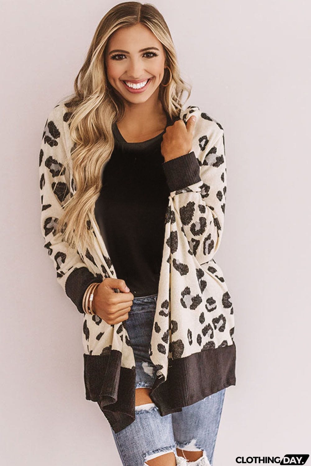 Print Hooded Open Front Cardigan