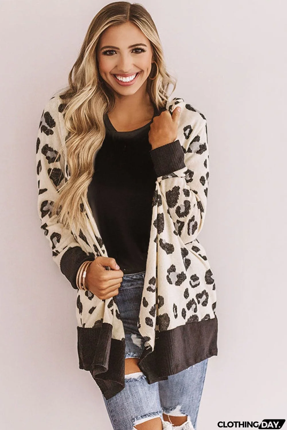 Print Hooded Open Front Cardigan