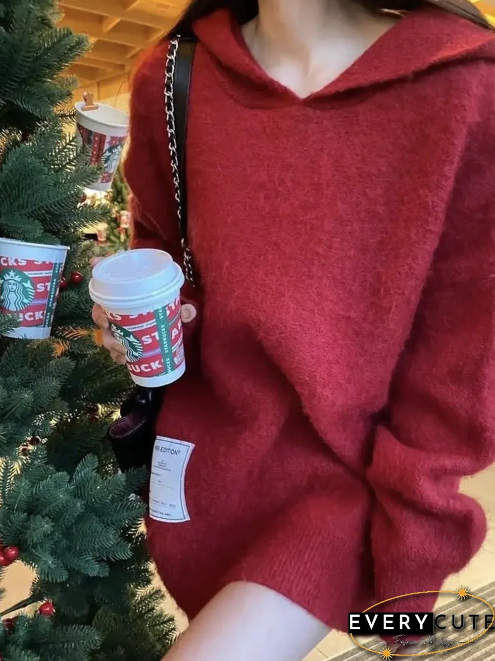 Hooded Red Sweater Lazy Long Sweater In The Wind