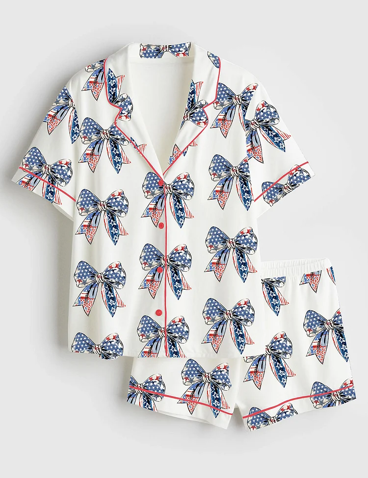 Women&rsquo;s Coquette American Girl 4th Of July America Freedom USA Flag Short Sleeve Satin Pajama Set