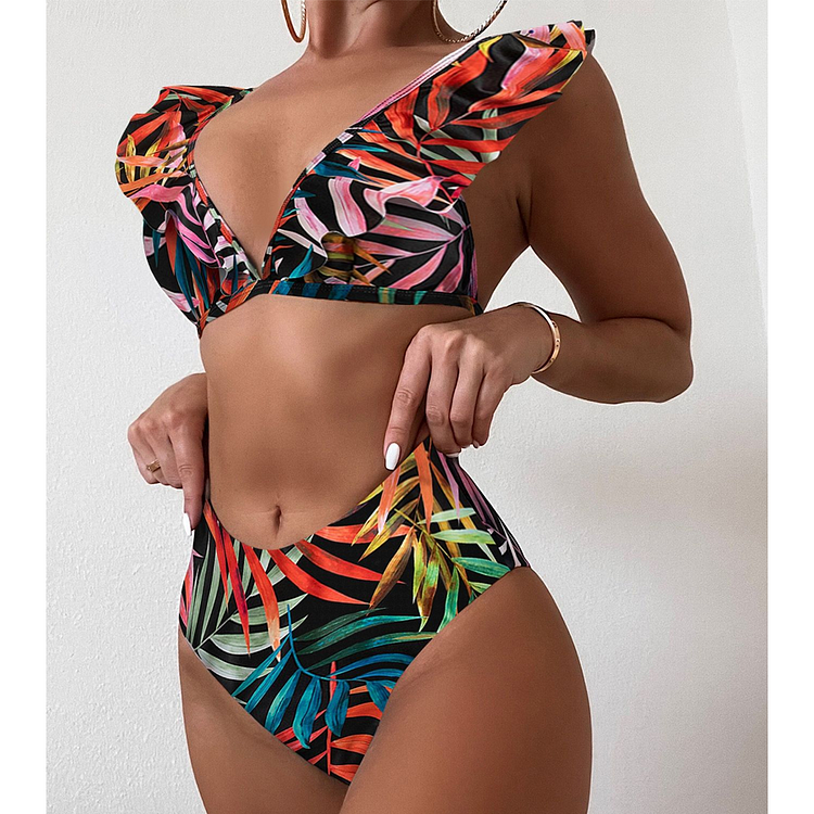 Sexy Ruffle Jungle Printed Bikini Swimsuit