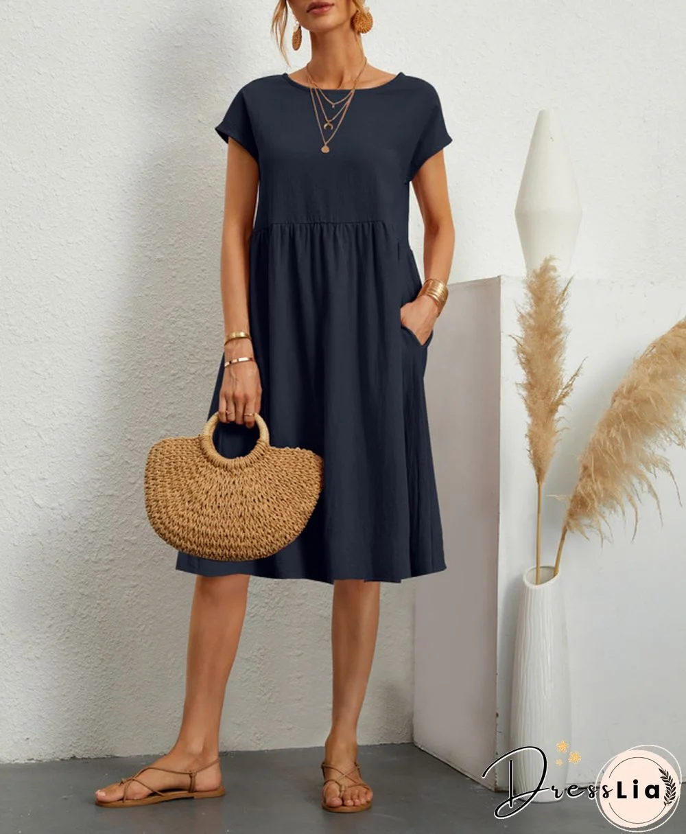 Solid Pocket Ruched Roll Short Sleeve Casual Midi Dress