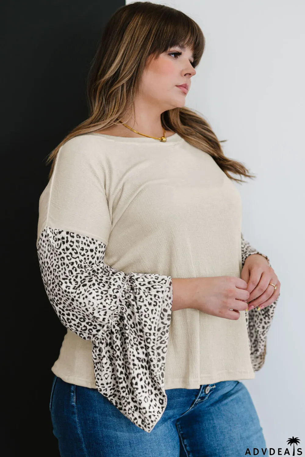 Beige Leopard Bell Sleeve Patchwork Plus Size Top