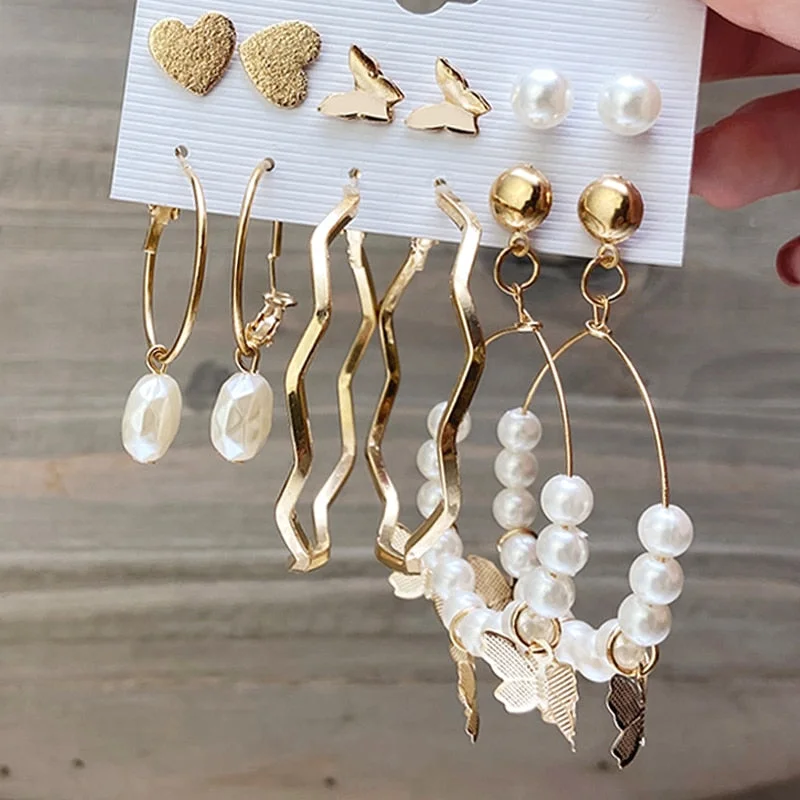 17KM Fashion Pearl Hoop Earrings Set For Women Geometirc Gold Metal Circle Hoop Earrings Brincos Trend Jewelry Gift