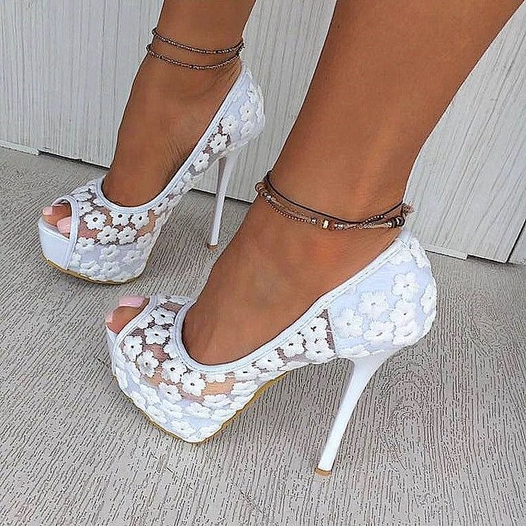 White Lace Heels Peep Toe Platform Stiletto Pumps |FSJ Shoes