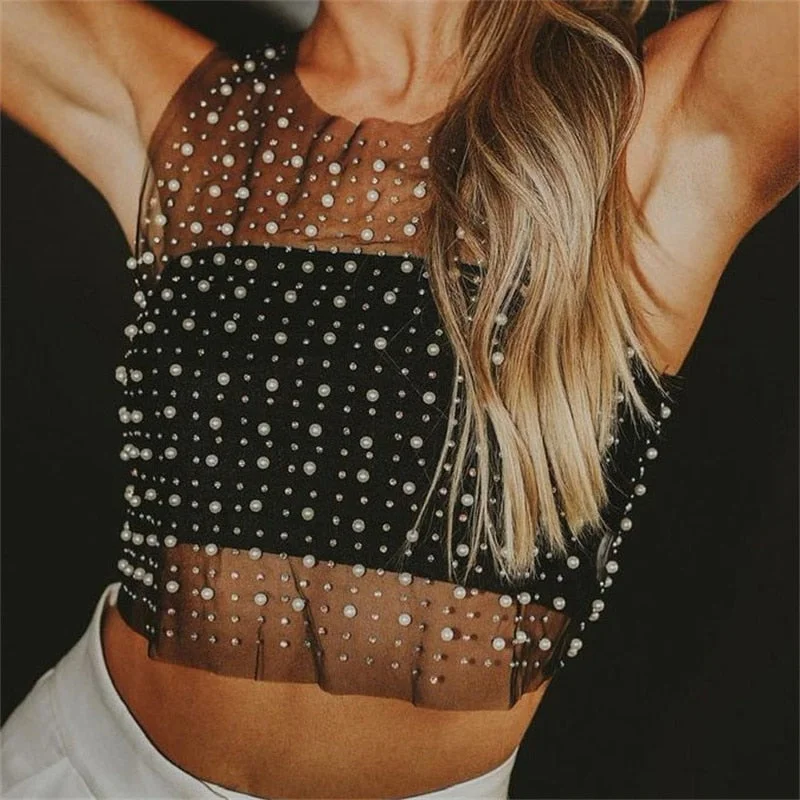 Peneran Summer Hollow Out Sexy Tank Top y2k top Beach Holiday Female Glitter Diamond Designer Crop top Pearls See-Through Vest New