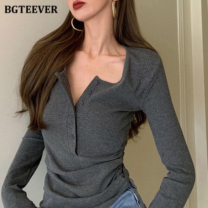 Woherb Casual Basic O-neck Solid T-shirts Tops Women Spring Autumn Slim Long Sleeve Buttons Female Pullovers Tees