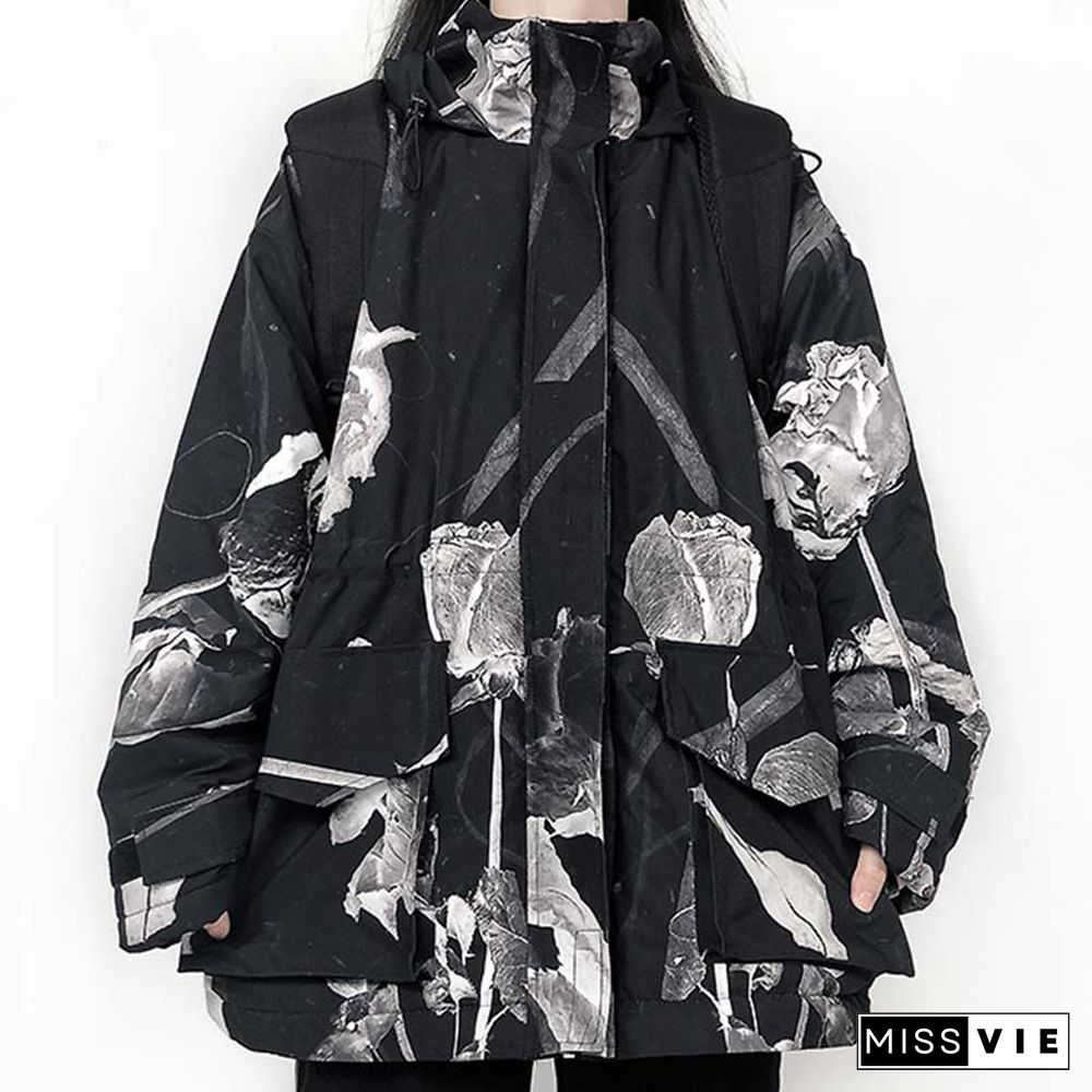 Dry Rose Pattern Print Shirt Hooded Coat
