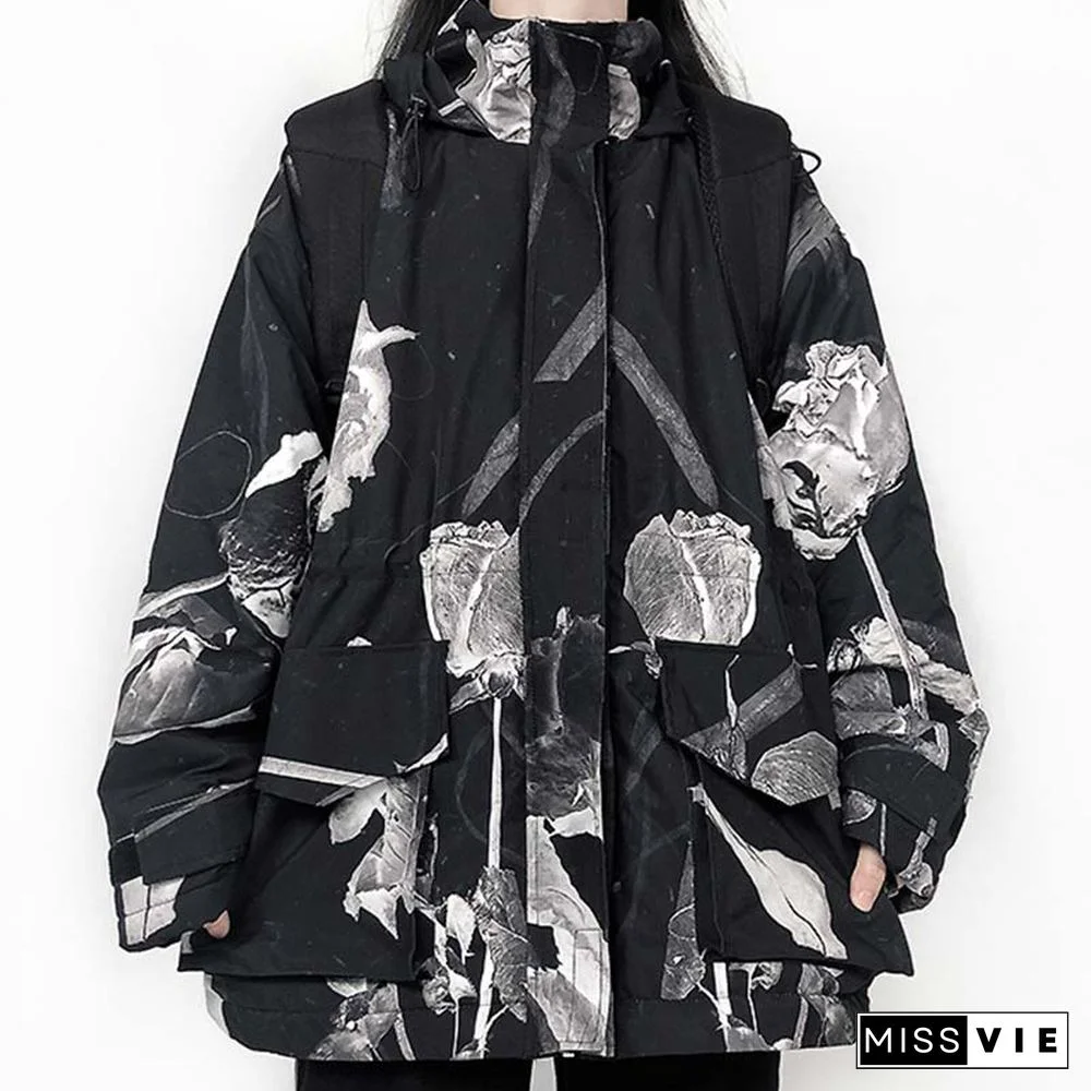 Dry Rose Pattern Print Shirt Hooded Coat