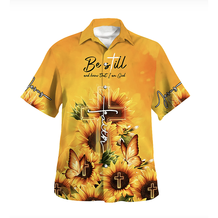 BrosWear Cross Sunflower Print Short Sleeve Shirt