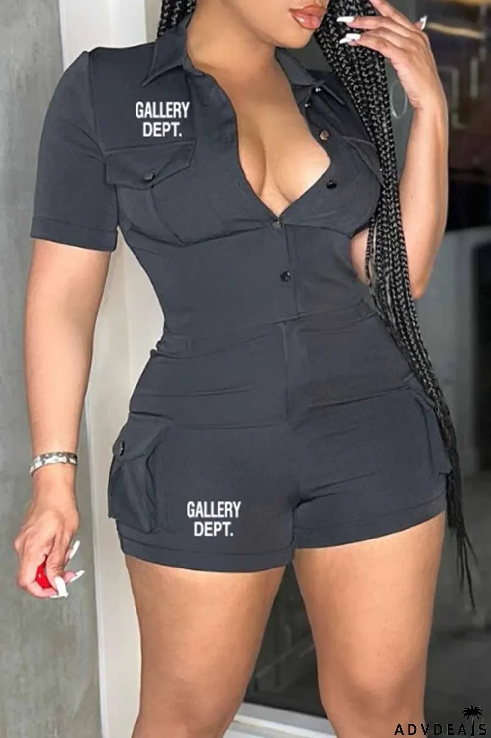 Yellow Street Print Letter Turndown Collar Short Sleeve Two Pieces