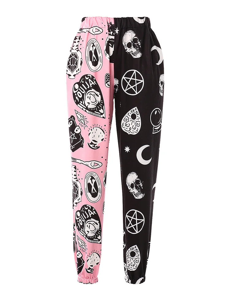 Halloween Pink Contrast Color Skull Pattern Pockets Elastic Waist Pants