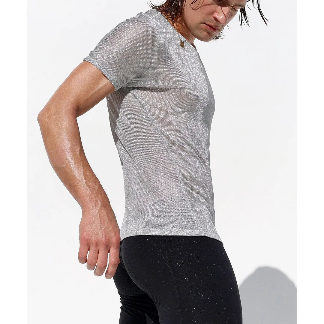 Men's Shiny Striped Loose Short-sleeved Crew Neck Top-inspireuse