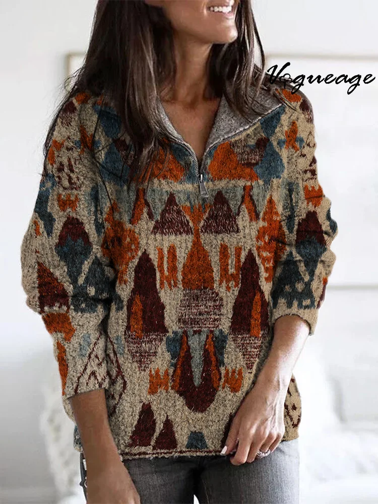 Warm And Gentle Symmetrical Geometric Pattern Zippered Long-Sleeved Sweater