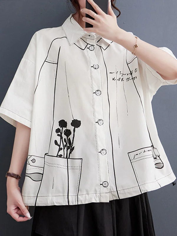 Art Loose White Lapel Buttoned Illustration Printed Short Sleeve Shirt