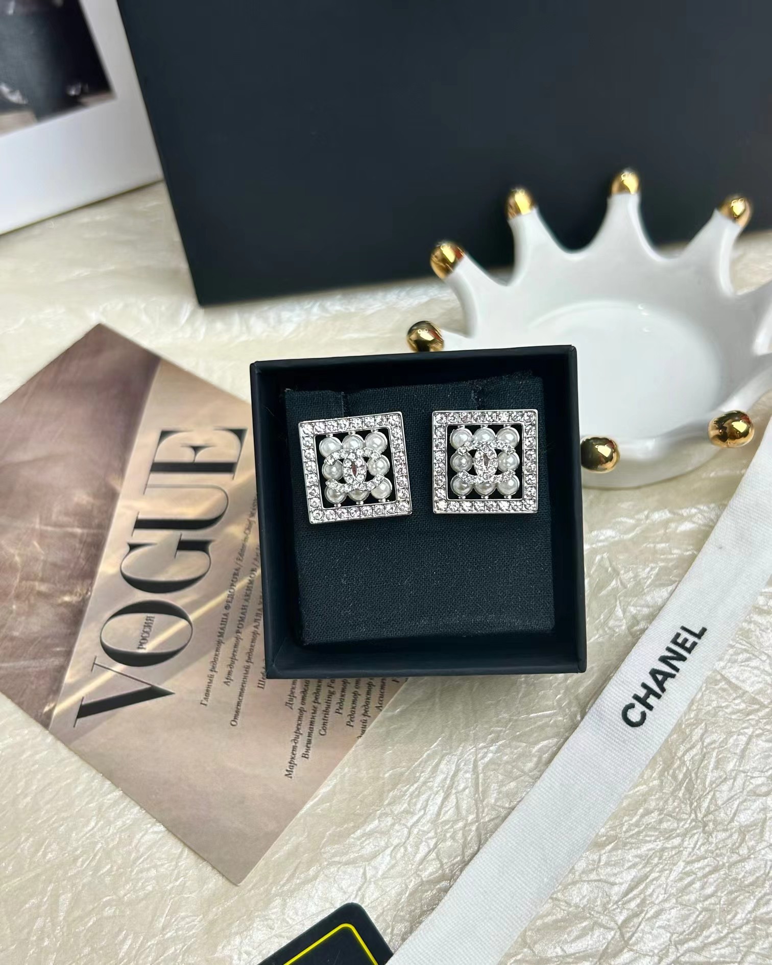 Buy replica Chanel Square Diamond and Pearl Earrings and replica jewelry from PICKS Jewelry
