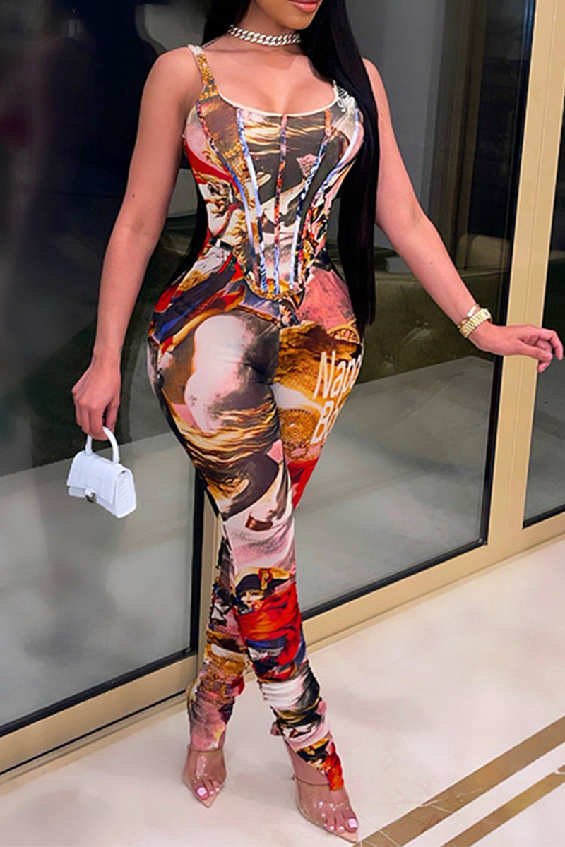 Sexy Print Split Joint Spaghetti Strap Skinny Jumpsuits