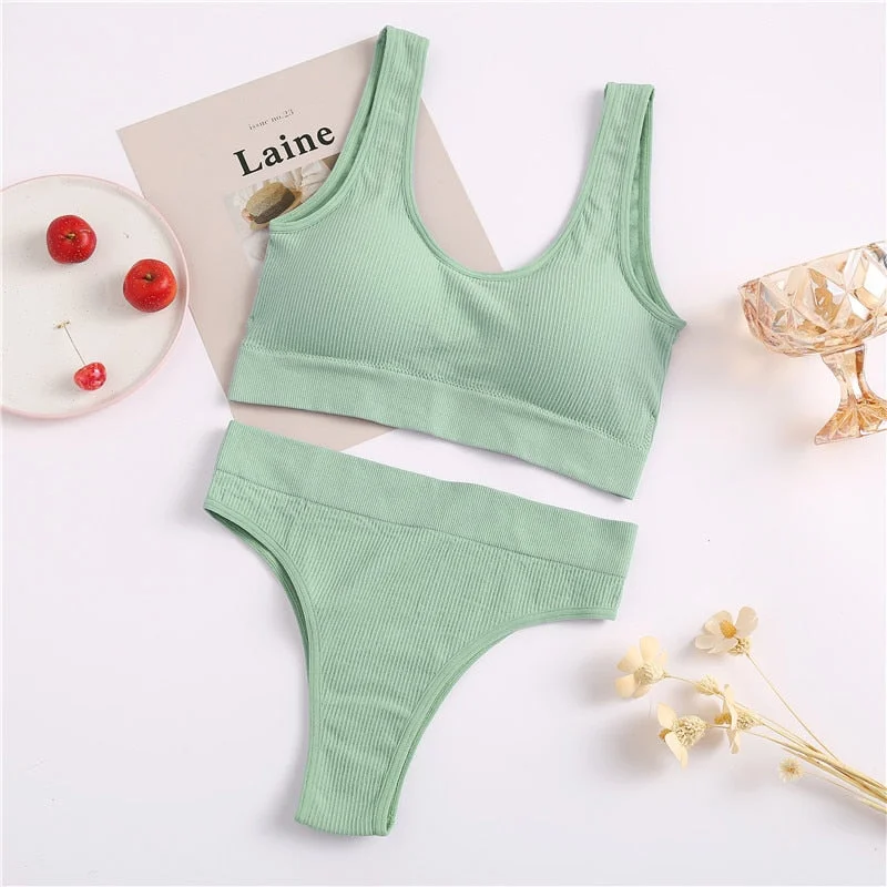 FINETOO Seamless Women Underwear Set Tops Set Panties Women Wireless Lingerie Suit Padded Bras S-XL Backless Bralette Lingeries