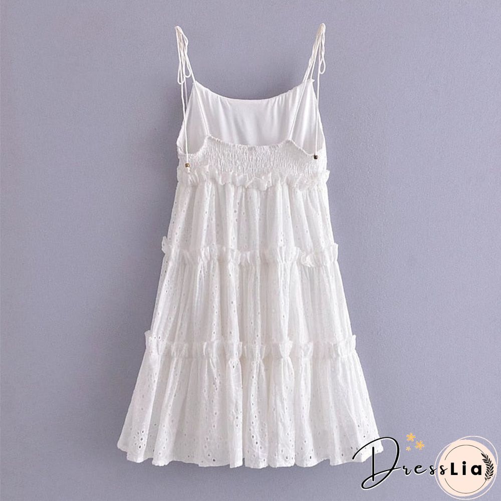Back To School Outfit  Summer Dresses For Women Women Flower Hollow Out White Lace Dress Cotton Fashion Lace Up Ruffles Short Mini Beach Dress Outfits