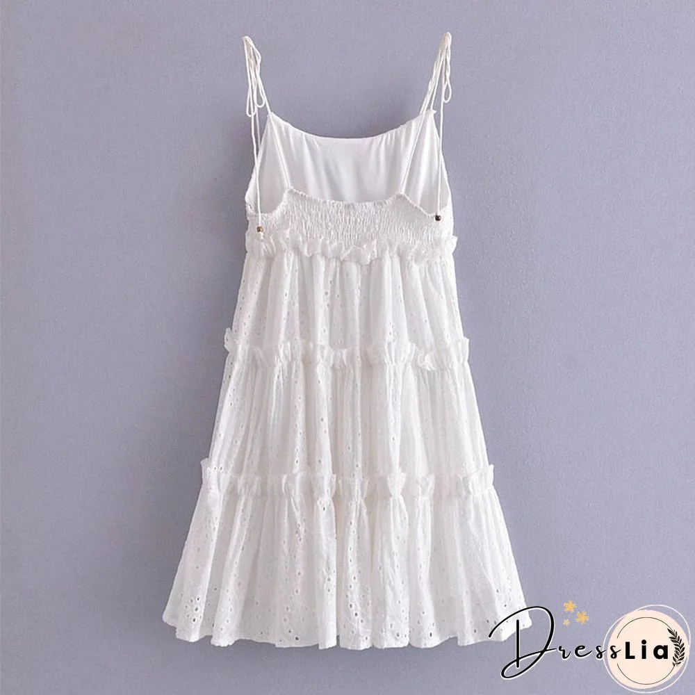Back To School Outfit  Summer Dresses For Women Women Flower Hollow Out White Lace Dress Cotton Fashion Lace Up Ruffles Short Mini Beach Dress Outfits
