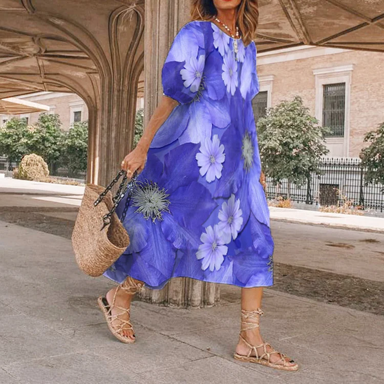 Floral Print Round Neck Short Sleeve Midi Dress