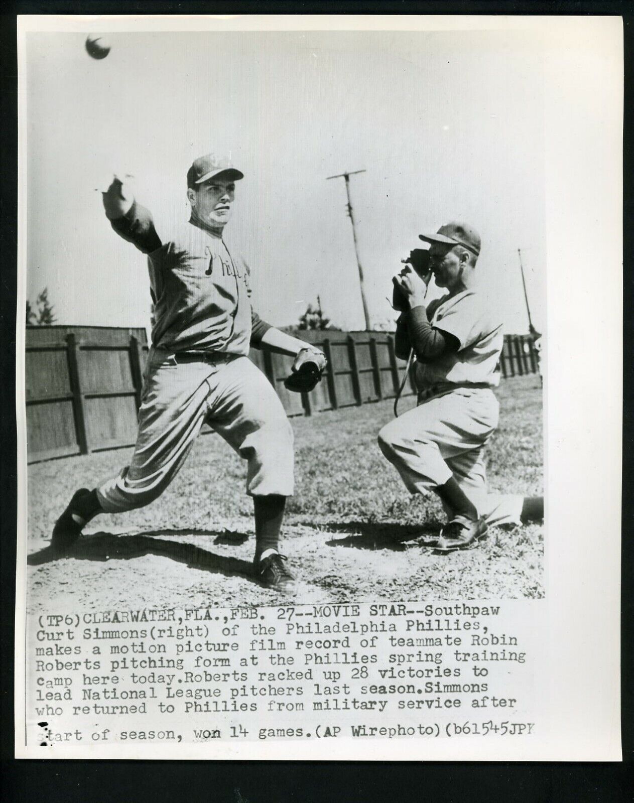 Robin Roberts & Curt Simmons movie camera 1953 Press Photo Poster painting Philadelphia Phillies