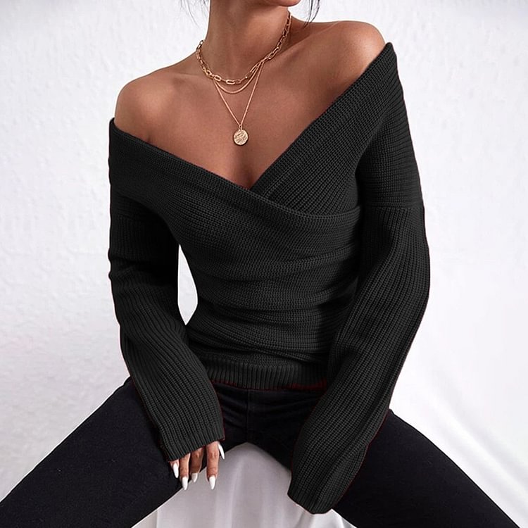 Off-The-Shoulder Cross-Fit Knitted Sweater