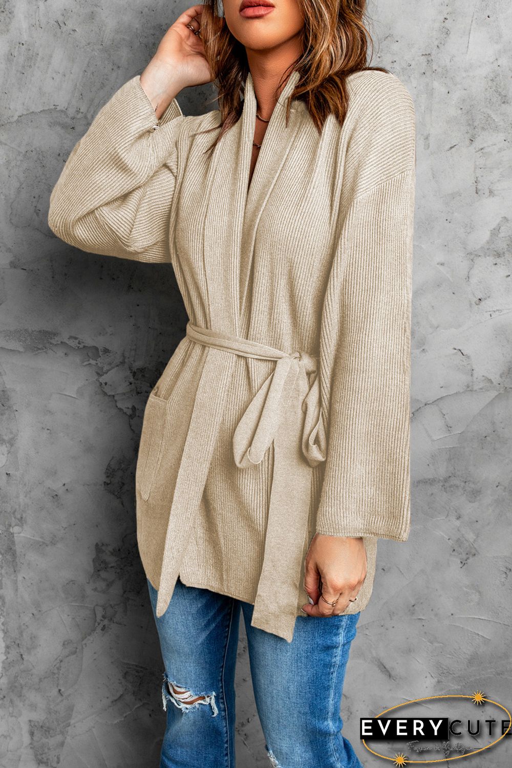 Apricot Robe Style Rib Knit Pocketed Cardigan with Belt