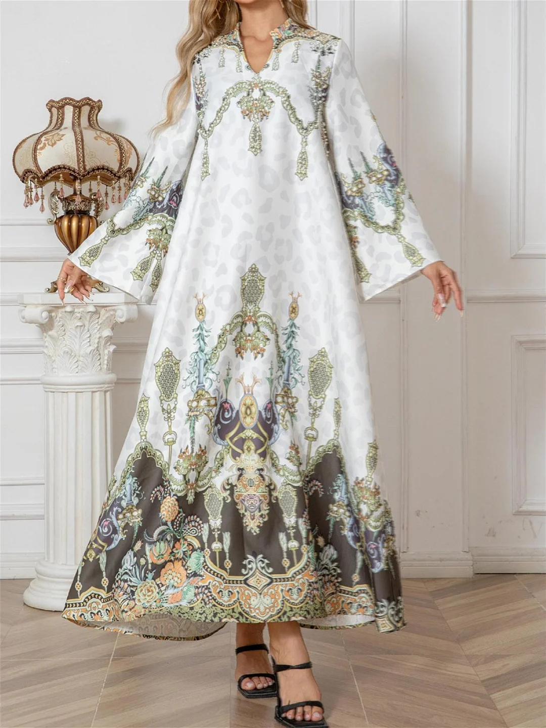 Women's Long Sleeve Scoop Neck Graphic Printed Sequins Maxi Dress