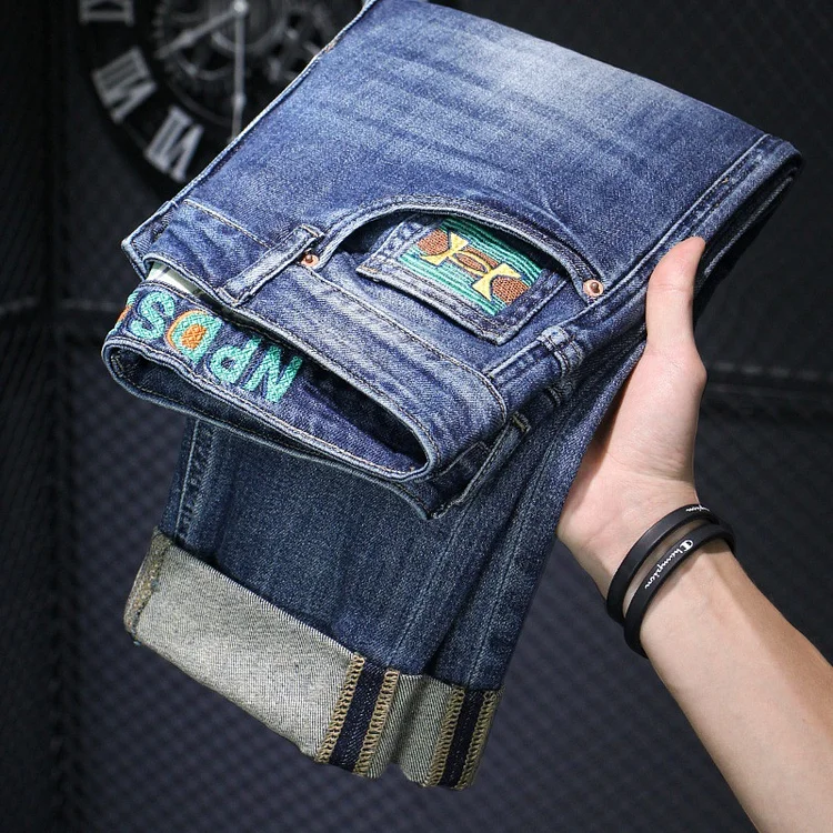 Demandernyc High-End Printed Design Blue Jeans Men's Slim-Fitting Small Straight Fashionable All-Match Embroidered Stretch Men's Trousers