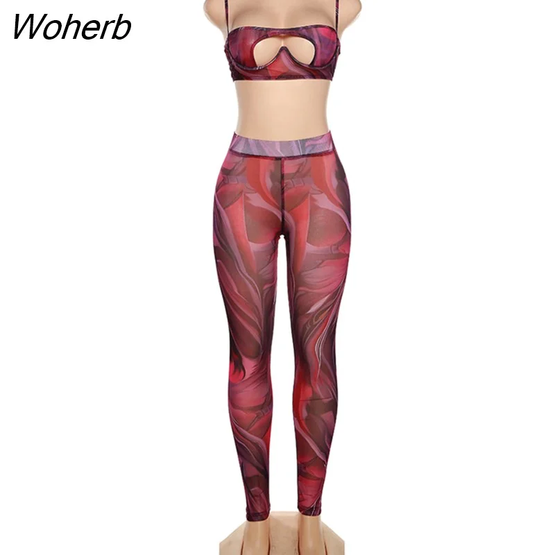Woherb Puss Sexy Mesh Women 2 Piece Set Colorful Fitness Hollow Sleeveless Camisole+Leggings Matching Midnight Clubwear Outfit
