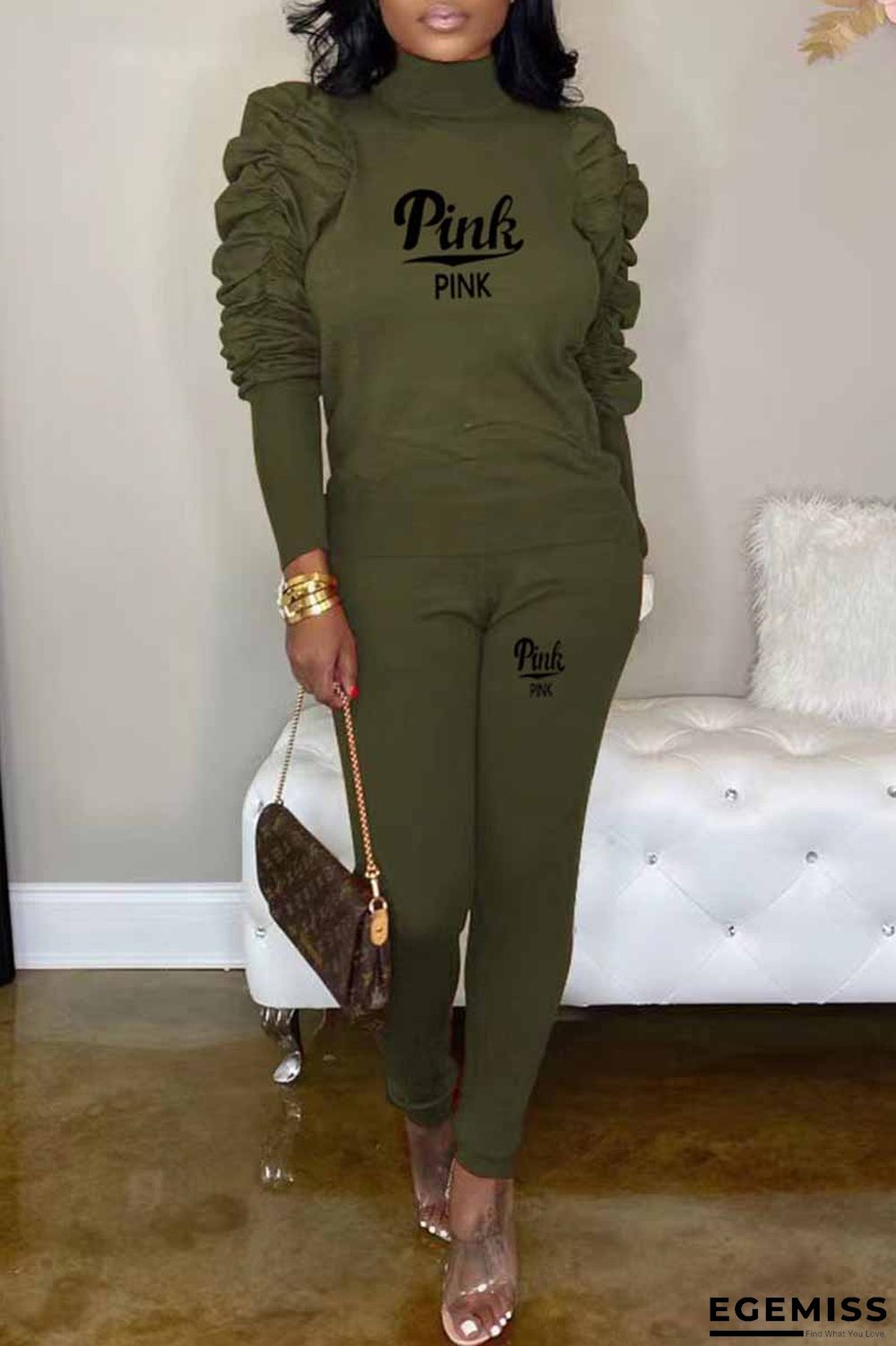 Army Green Casual Print Letter Turtleneck Long Sleeve Two Pieces | EGEMISS