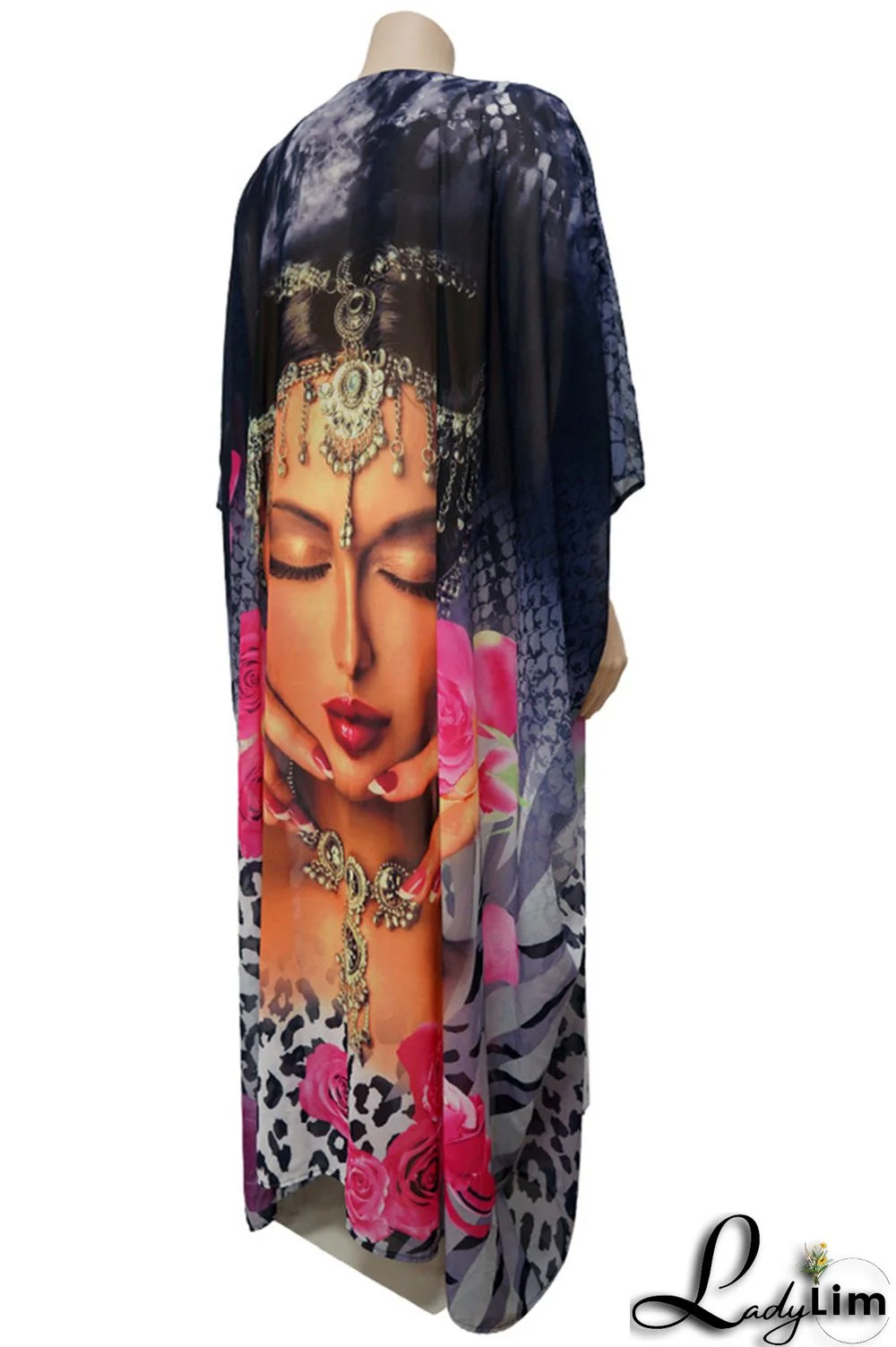 Rose Red Fashion Casual Print Basic O Neck Long Sleeve Plus Size Dresses