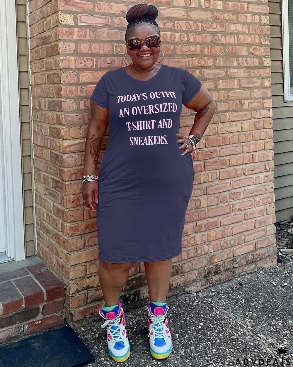 Plus Size Letter Print V Neck Short Sleeve T Shirt Dress