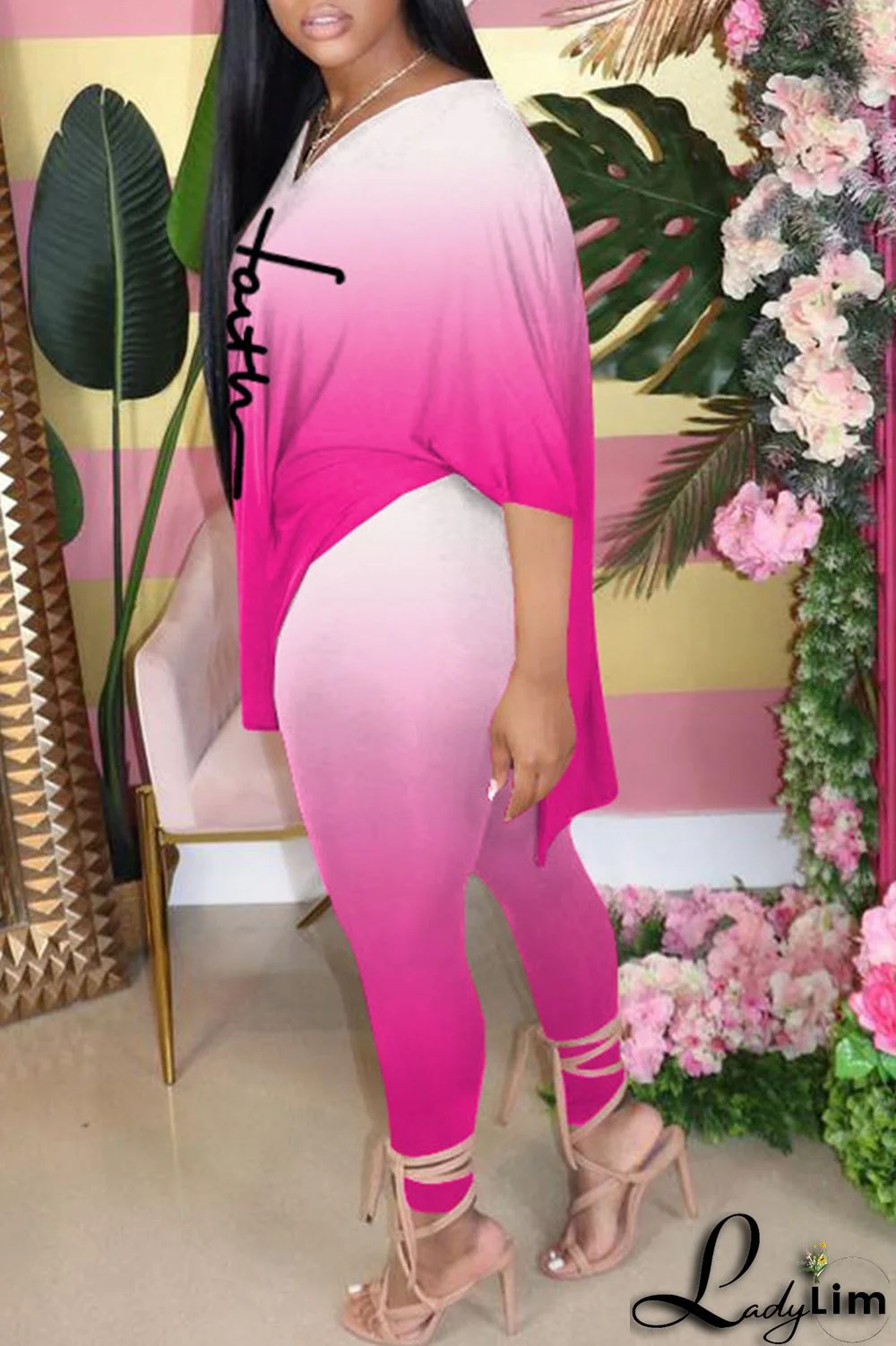 Black Casual Gradual Change Print Patchwork Slit V Neck Half Sleeve Two Pieces