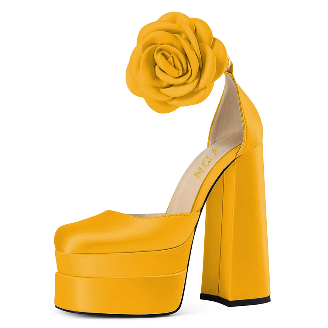 Yellow Satin Flower Ankle Strap Square Toe Chunky Heels with Platform