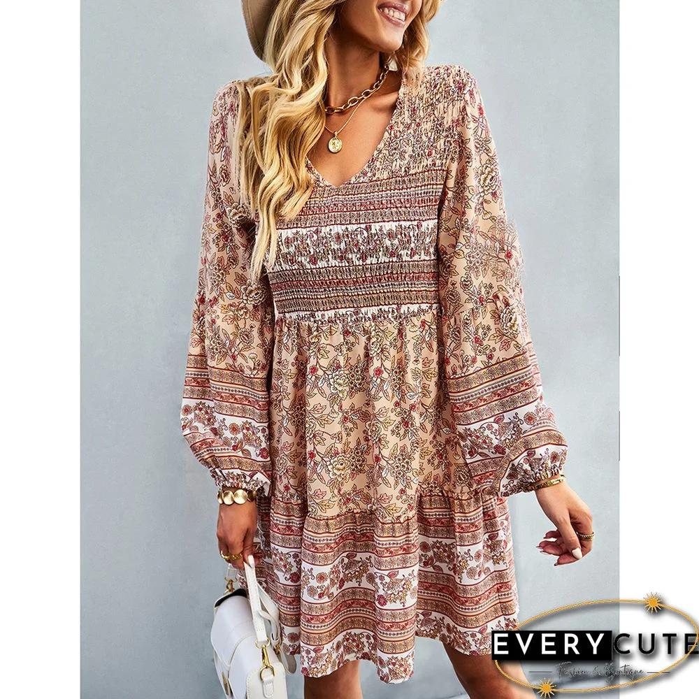 Khaki V Neck Smocked Floral Long Sleeve Boho Dress