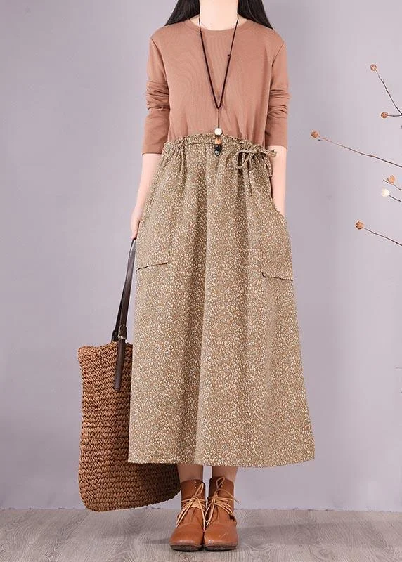 Handmade Khaki Patchwork Print Tunics For Women O Neck Plus Size Spring Dress