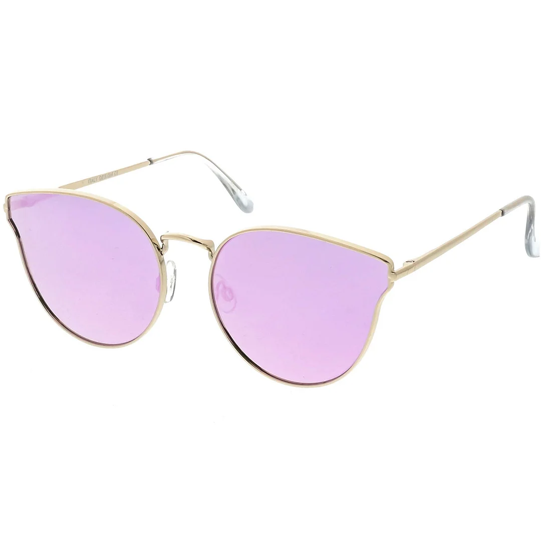 Premium Metal Cat Eye Sunglasse With Slim Arms And Round Colored Mirror Flat Lens 54mm