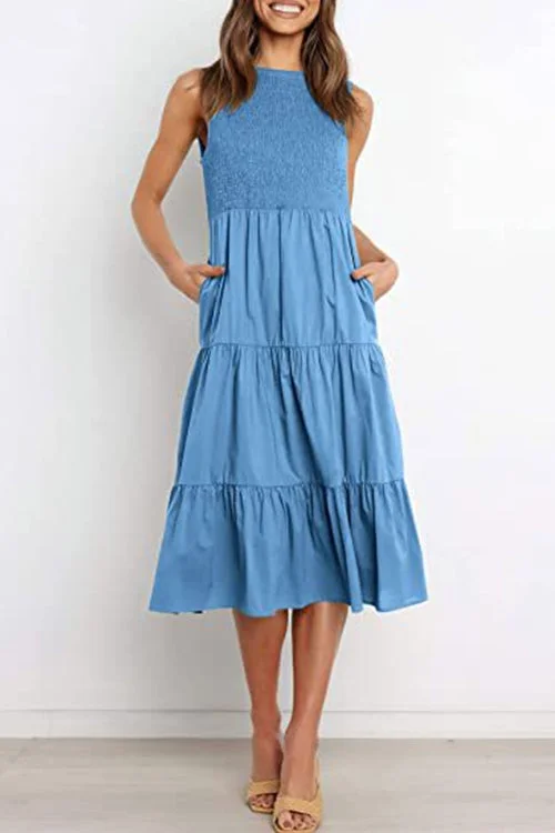 Solid Sleeveless High Waist Ruffle Dress with Pockets