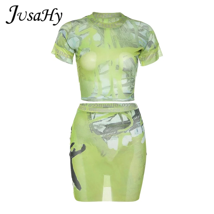 JusaHy Y2K Summer Two Piece Sets Short Sleeves Tee Shirt And Mini Skirts Green Irregular Print for Women Casual Streetwear New