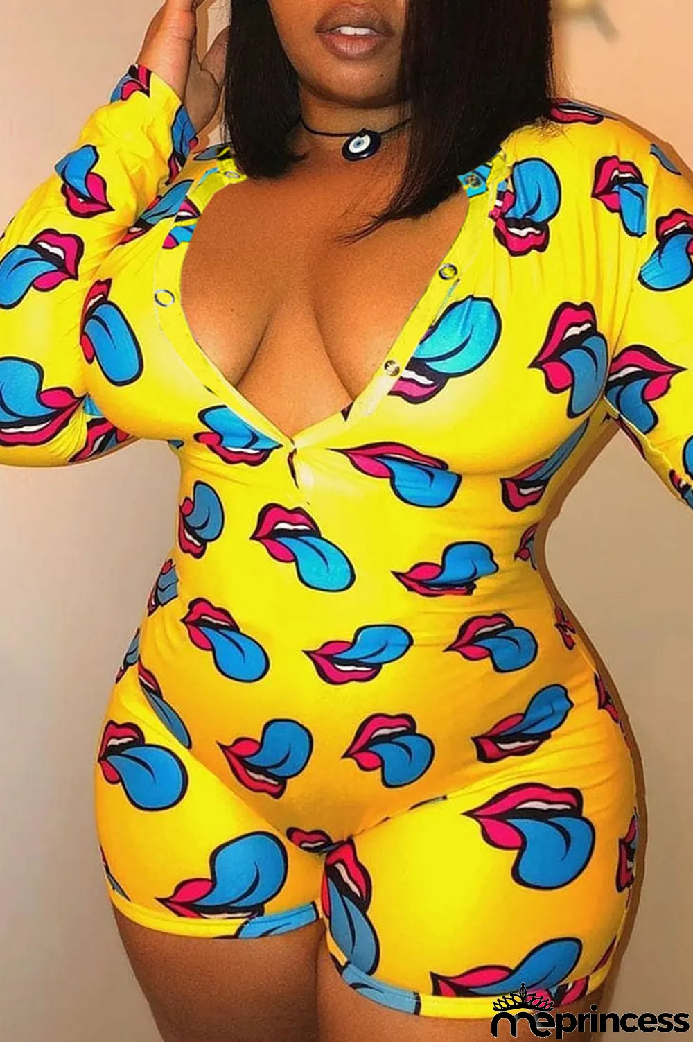 Yellow Sexy Print Polyester Long Sleeve V Neck Jumpsuits
